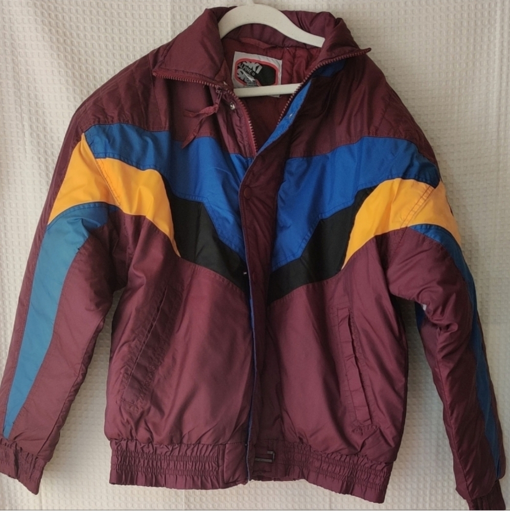 Vintage Alpine Ski Boys Jacket, Blk w/Red, Blue & Purple Color Block SizeL 14-16